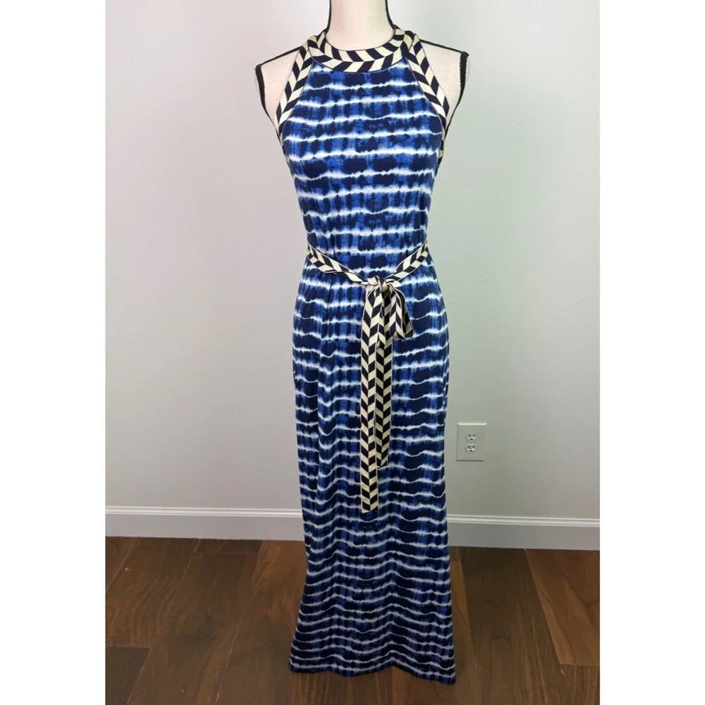 Tory Burch Pelton Blue Tie Dye Halter Maxi Dress Size XS Belted Boho Chic
